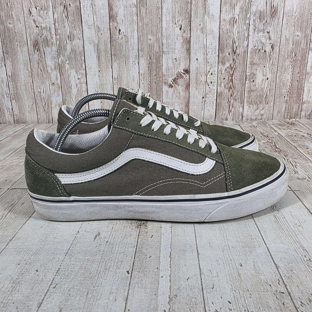 Vans Old Skool Olive Green White Suede Canvas Skate Sneakers Mens 10 Womens 11.5